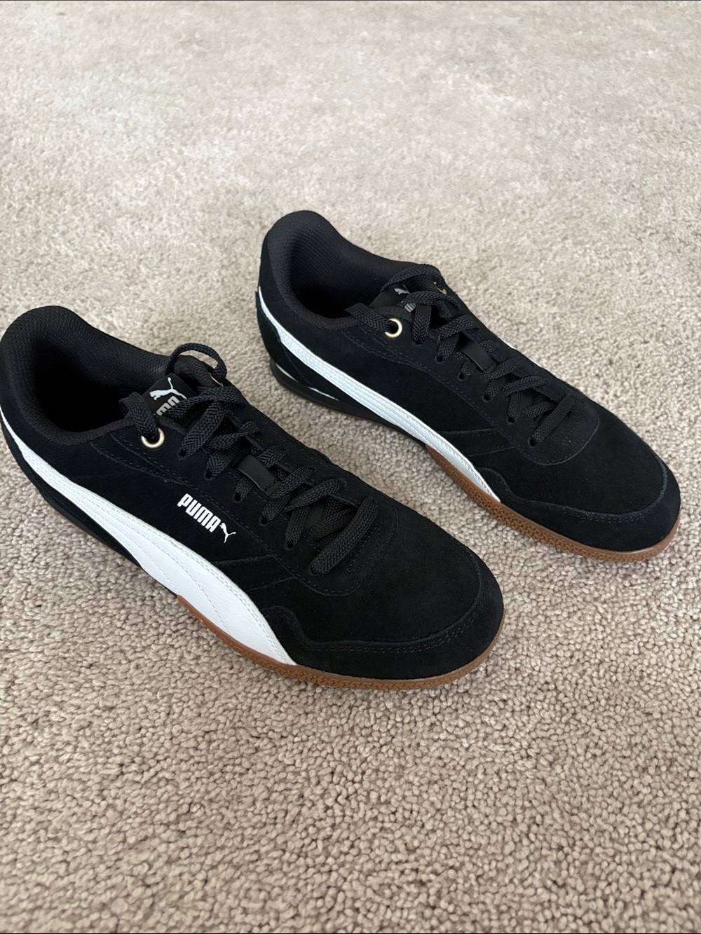 Puma Black Suede Sneakers with White Formstrip and Gum Sole